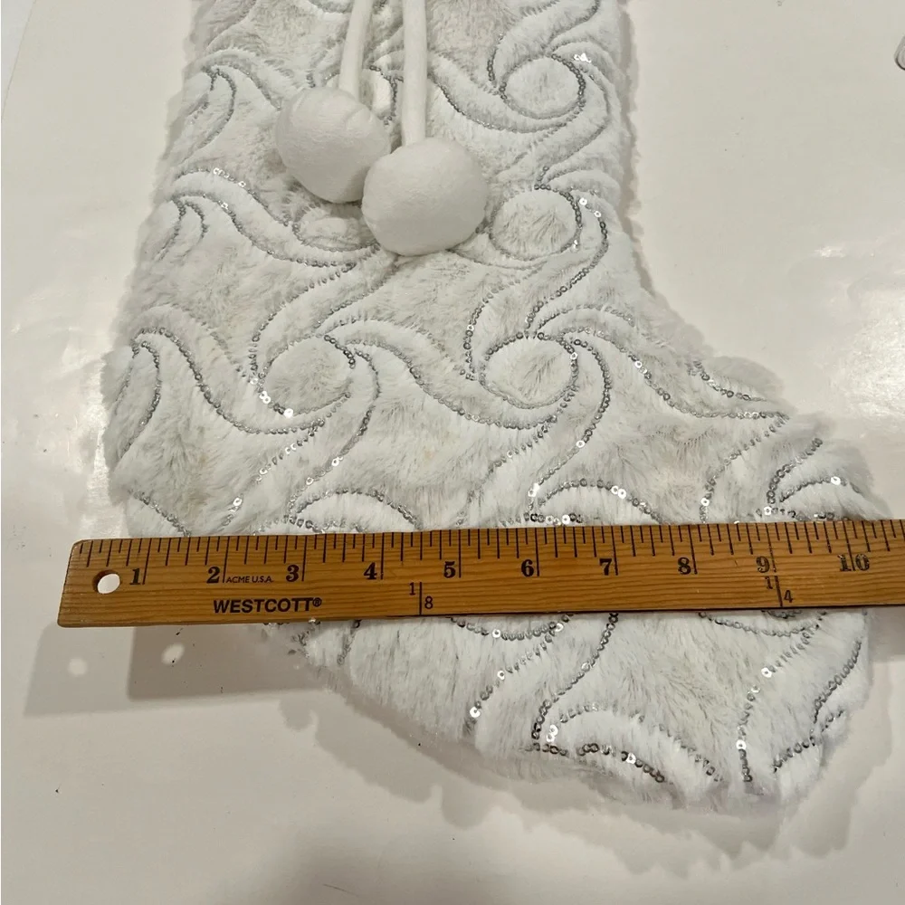 Jeffrey&James Holiday Decor Fluffy White With Silver Sequins Christmas Stocking
